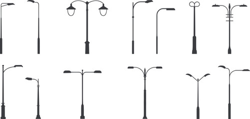 Collection of black silhouette street lamps and lampposts on white background Keywords: street lamp, lamppost, light, lighting © Shakila