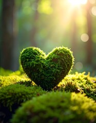 3D heart object sculpted from fresh green moss, natural daylight, jungle atmosphere, eco-friendly Valentine concept