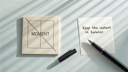 Thoughtful reminders for mindfulness and balance in life, inspiration from notes and pen on soft light background
