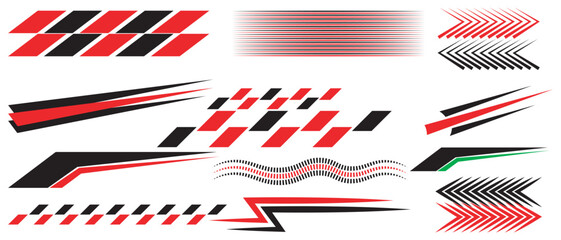 Sport car decal stripes ,red and black racing vinyl sticker and checkered speed line vector Set