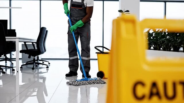 Office Maintenance in Progress: A dedicated cleaner diligently mops the gleaming office floor, ensuring a spotless and safe environment, with a prominent caution sign in the foreground.