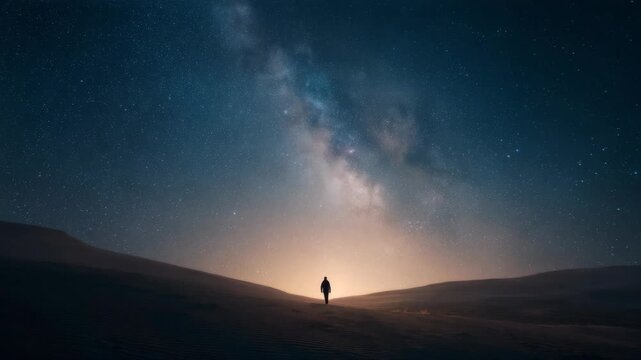 Solitary figure under starry night sky in desert landscape