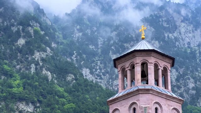 Daryal Monastery of the Archangels Michael and Gabriel in the Gorge of Georgia, a church near Verkhny Lars. The Georgian Military Highway. A monastery complex in the Mtskheta region. 4К