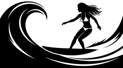 Surfing Action, Female Surfer, Ocean Waves, Illustration, Dynamic Environment, Side View, Adventure Concept © akila
