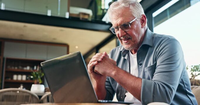 Senior man, laptop and celebration in home with fist pump, success or revenue report for investment. Elderly person, computer and excited with achievement, goal and stock value increase in retirement