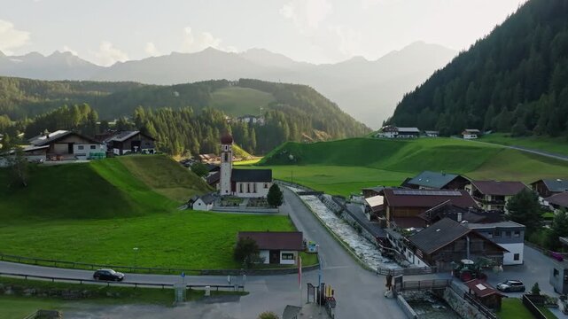 Cityscape Otztal Umhausen Austria. Landscape of mountains beautiful houses in traditional architecture.