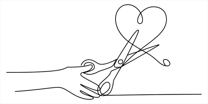 One continuous line drawing of scissors cutting a heart shape, symbolizing heartbreak and loss Vector, illustration