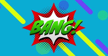 Animation of bang text on retro speech bubble over abstract shapes on blue background - Powered by Adobe