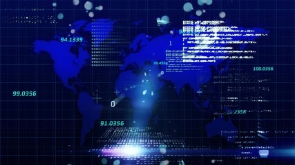 Animation of binary coding and data processing over world map - Powered by Adobe
