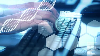 Animation of dna strand and data processing and over woman using keyboard - Powered by Adobe