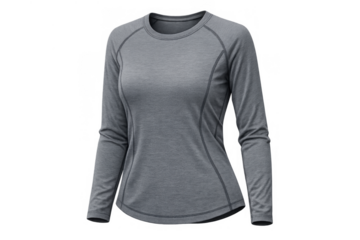Gray women's athletic long sleeve shirt with raglan seams. Base layer top for fitness and outdoor activities
