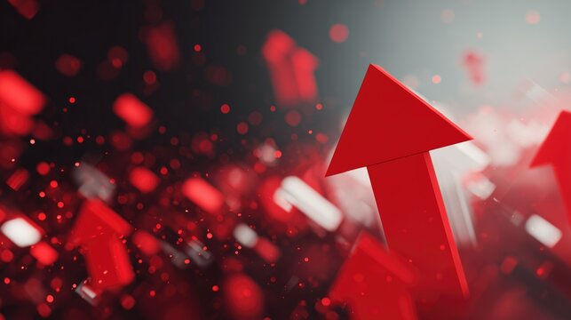Business growth concept with dynamic red arrows soaring against a blurred sparkling background.