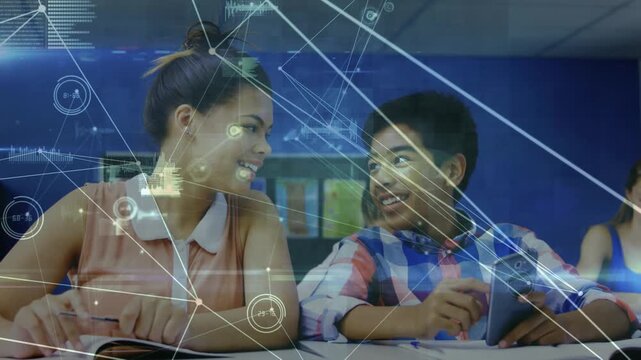 Animation of connections over happy diverse students using technology at school