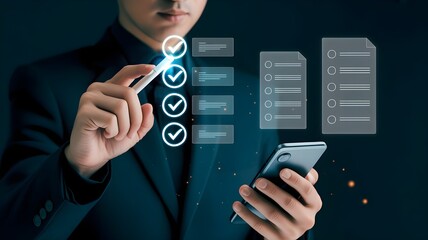 Businessman Using Smartphone with Holographic Checkmarks and Digital Document Approval Interface
