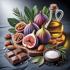 Fresh Figs, Nuts, Olive Oil, Dark Chocolate, and Sea Salt on Rustic Board Still Life