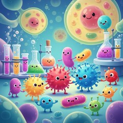 Fototapeta premium Cute Cartoon Microbes and Lab Equipment