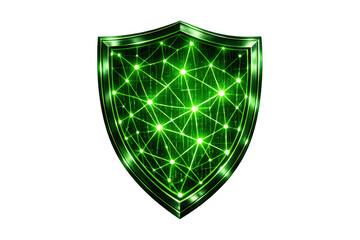 Green cyber security shield icon protecting data and network, illustrating digital privacy and internet safety on transparent background