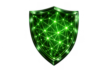 Green cyber security shield icon protecting data and network, illustrating digital privacy and internet safety on transparent background