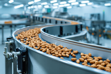 Natural almond grain moves along modern distribution center conveyor in bright industrial facility showing efficient food processing and organized workflow