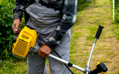 Gardener with trimmer in garden plot