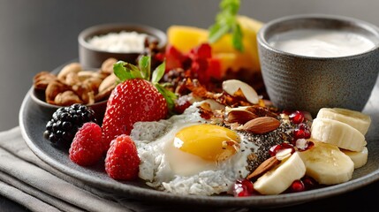 Protein breakfast inspired by spa cuisine, clean calm visuals