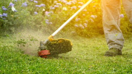 Gardener with trimmer in garden plot