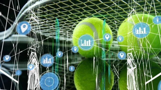 Animation of tennis racket and balls over data processing