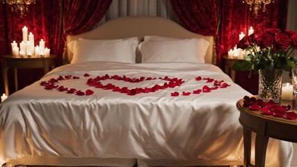 A beautifully set romantic bedroom scene featuring a pristine white bed adorned with a heart shape made of vibrant red rose petals. The warm ambiance is enhanced by numerous flickering candles, a luxu
