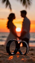 A breathtaking romantic scene unfolds on a tropical beach at sunset, with two elegant wedding bands prominently featured in the sandy foreground. The rings, one adorned with sparkling gems, symbolize 