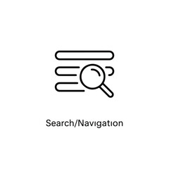 Simple black line art icon illustrating the essential concept of digital search functionality with a magnifying glass overlaying a stacked menu list design element.