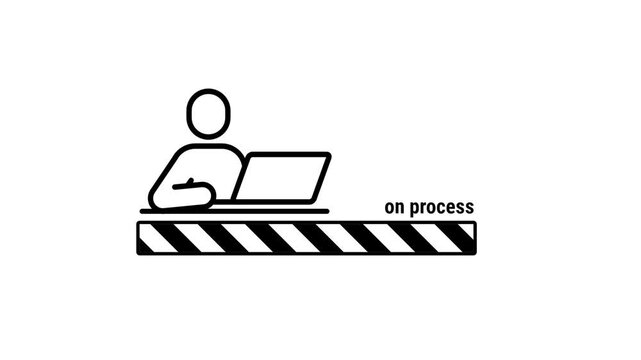An individual is shown working on their laptop above a striped progress bar labeled on process to indicate that a specific task or system operation is currently being executed and tracked now