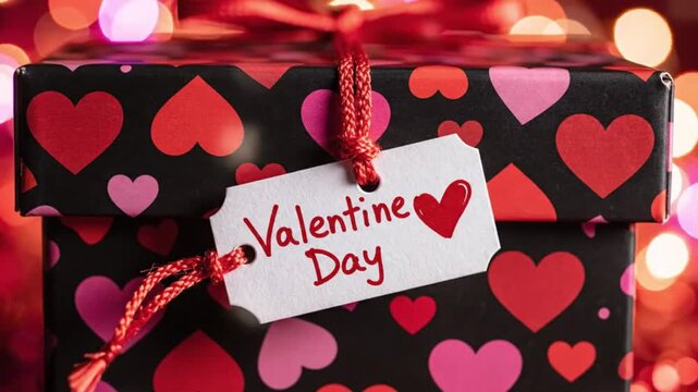 A beautifully wrapped present features a black box adorned with vibrant red and pink heart patterns, signaling affection and warmth. A plain white gift tag is tied with a braided red string, ready for