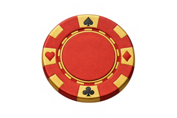 Red poker chip showing card suit symbols, gambling, casino games, betting, and wealth concept on transparent background