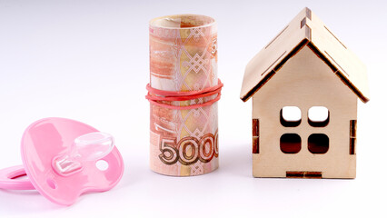 Baby pacifier and baby's birth certificate. Demography concept