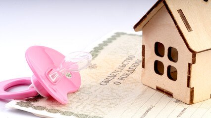 Baby pacifier and baby's birth certificate. Demography concept