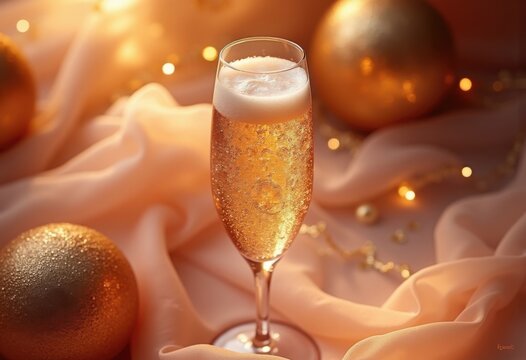 Champagne Bubbles Dancing in Flute Glass Surrounded by Exquisite Decorations Elegant Affair