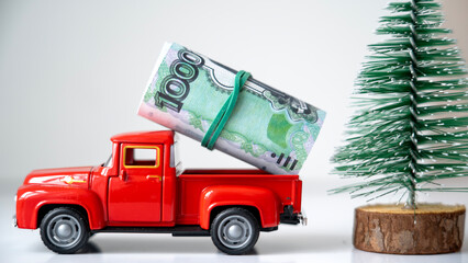 Russian money in mini cars and Christmas tree