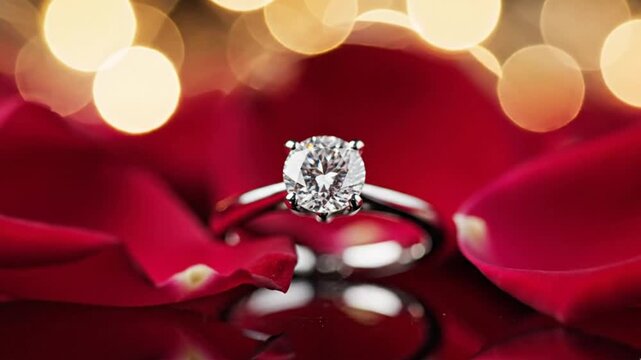A captivating close-up captures a brilliant solitaire diamond engagement ring nestled elegantly among vibrant red rose petals. The exquisite silver band and sparkling multifaceted gemstone radiate lux
