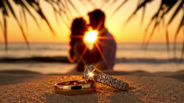 A captivating close-up of sparkling gold wedding rings nestled on sun-kissed sand, with the radiant glow of a breathtaking sunset illuminating the scene. In the beautifully blurred background, the sil