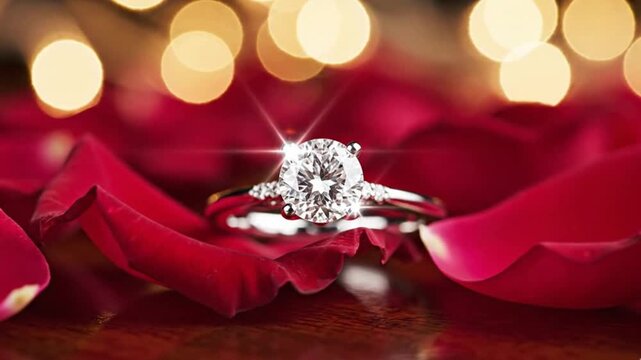 A captivating close-up shot showcases a dazzling diamond ring, featuring a prominent central stone and intricate accent diamonds, gracefully resting amidst scattered vibrant red rose petals. The polis