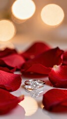A dazzling solitaire ring, featuring a brilliant cut gemstone, rests gracefully on a pristine, reflective surface. It is beautifully framed by a scattering of vibrant red rose petals, enhancing the ro