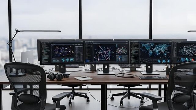 Two office workers monitor multiple computer screens displaying network diagrams in a modern office.