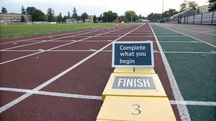 Motivational Finish Line Sign on Track with Inspiring Message to Complete What You Begin at Athletic Field