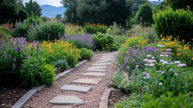 Scenic garden path winding through vibrant flowerbeds, creating a peaceful and inviting outdoor space.