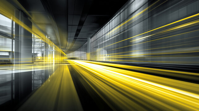 Futuristic motion blur with dynamic yellow light trails in modern tunnel representing speed and innovation
