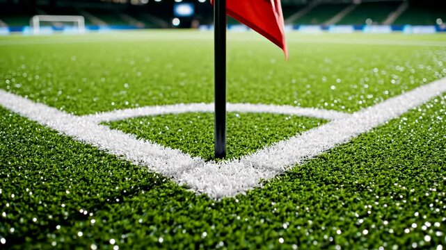 Low-angle close-up of a soccer field corner with sharp white boundary lines on vibrant green artificial turf, highlighting precision and geometric order