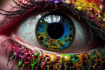 Human eye showing intricate details of a rainbow iris with thick colorful paint dripping