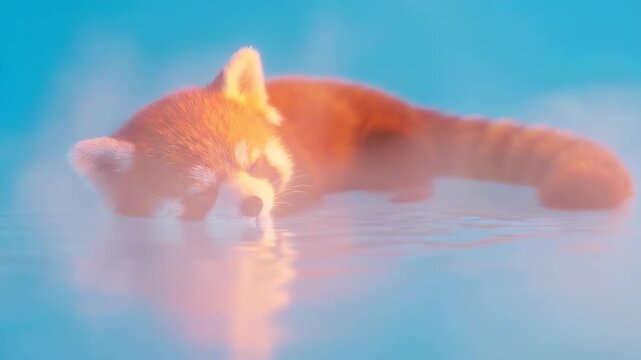 Adorable red panda peacefully sleeping with its face submerged in calm, shimmering water, A serene and heartwarming portrait of a red panda resting in tranquil blue waters with soft lighting