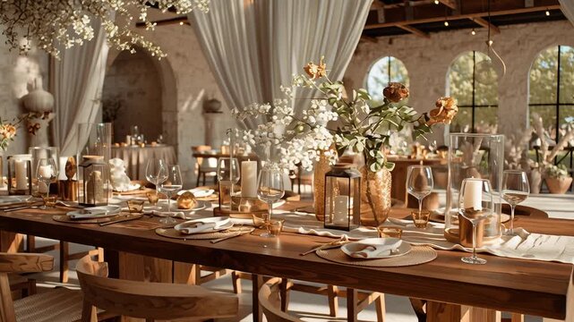 A spacious room with a long wooden dining table and several chairs. Eco conscious wedding decor, simple handcrafted details, warm neutral tones, sustainable uncluttered scene