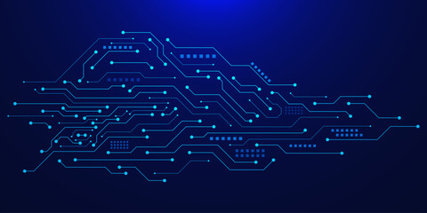 AI innovation with futuristic circuit board on dark blue background. Machine learning and technology banner template design. Vector